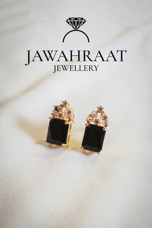 Black stone dangle earrings with silver-toned design | Party wear earrings