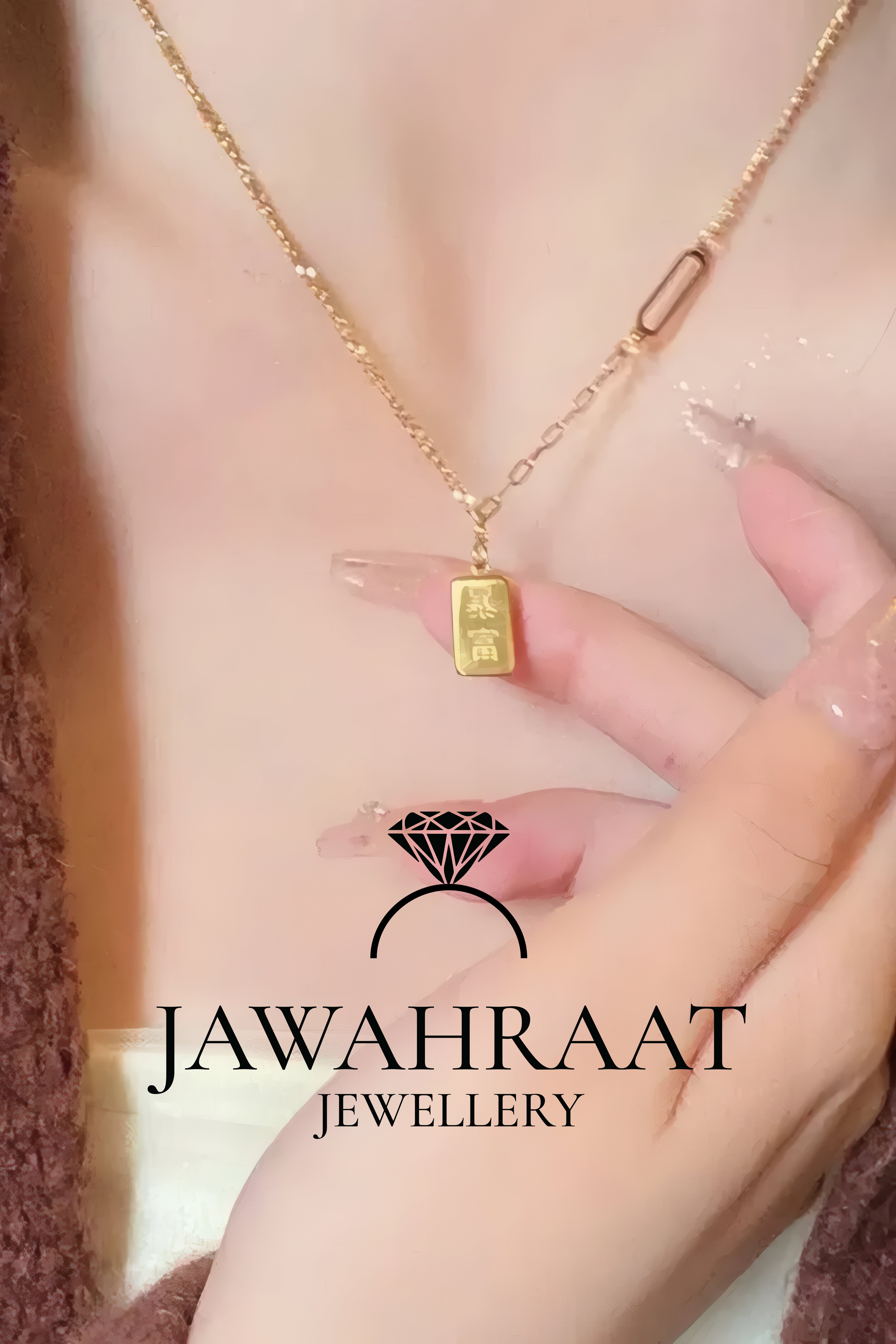 Hand holding gold CHARM square pendant necklace with satellite chain, stylish artificial gold jewelry from Jawahraat Jewellery