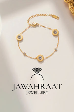 Close-up of gold-tone artificial bracelet with Roman numeral CZ charms