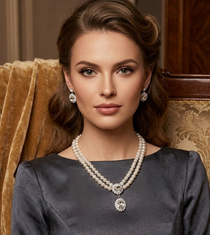 Model wearing elegant double strand pearl necklace and crystal drop earrings with formal modest outfit