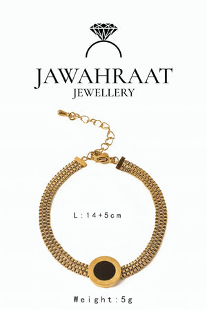 Gold-tone artificial bracelet with black onyx circle charm and engraved numerals – 14+5cm adjustable, 5g, multi-chain design