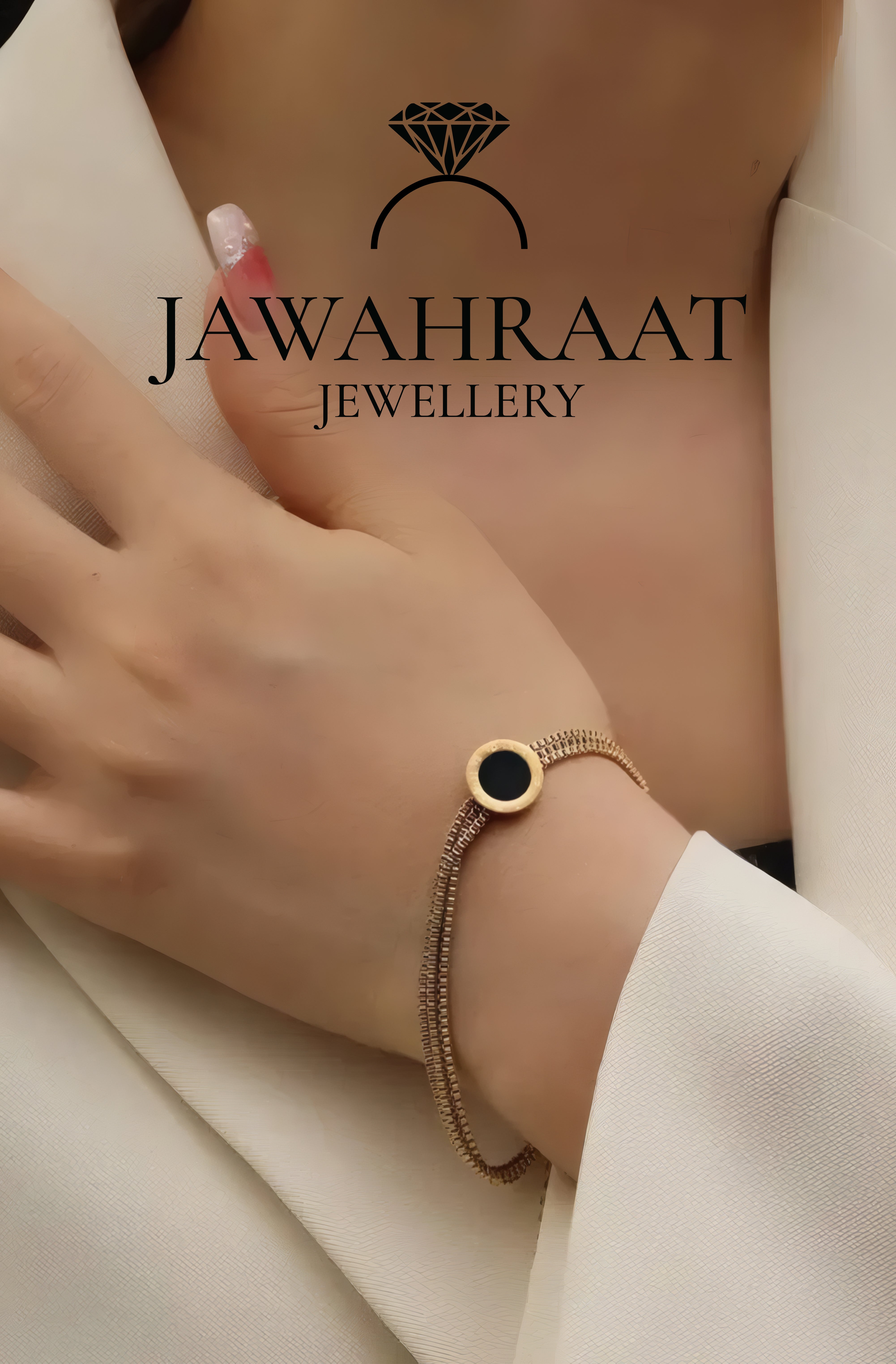 Close-up of gold-tone artificial bracelet with black onyx circle and engraved numerals on female wrist