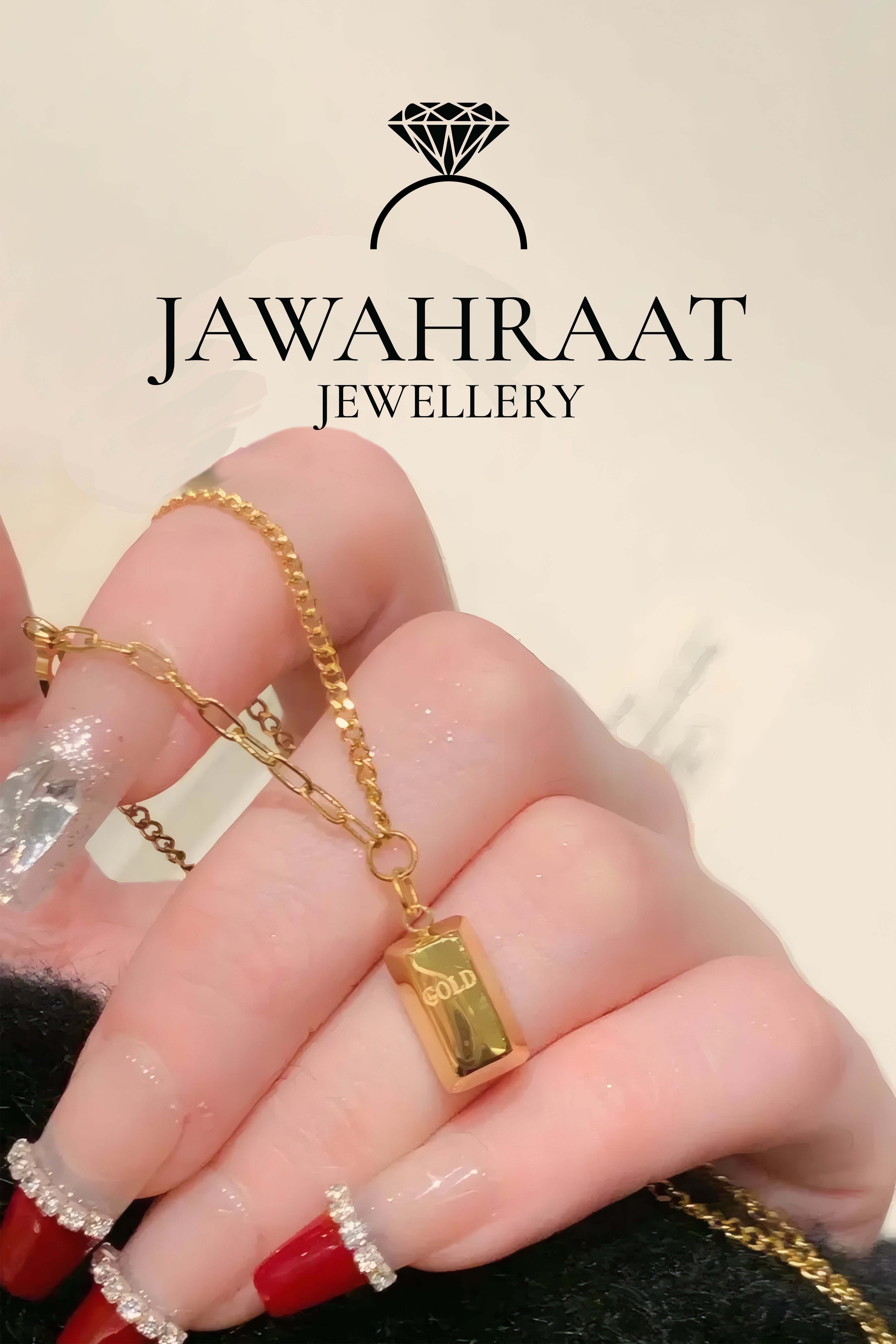 Hand holding elegant gold "Gold" ingot charm bracelet with mixed chain, premium artificial jewelry by Jawahraat Jewellery