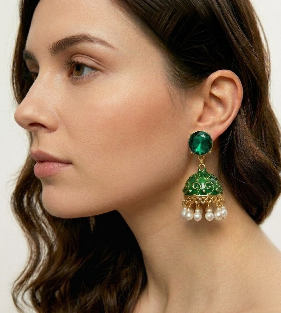 Green meenakari jhumka earrings with pearl drops traditional design