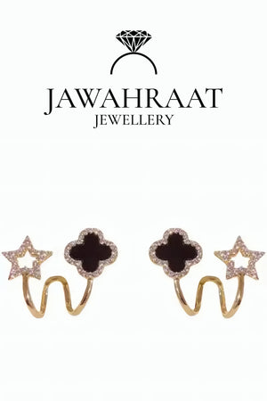 Reversible clover stud earrings set with black onyx and silver star CZ halo from Jawahraat Jewellery artificial jewellery collection