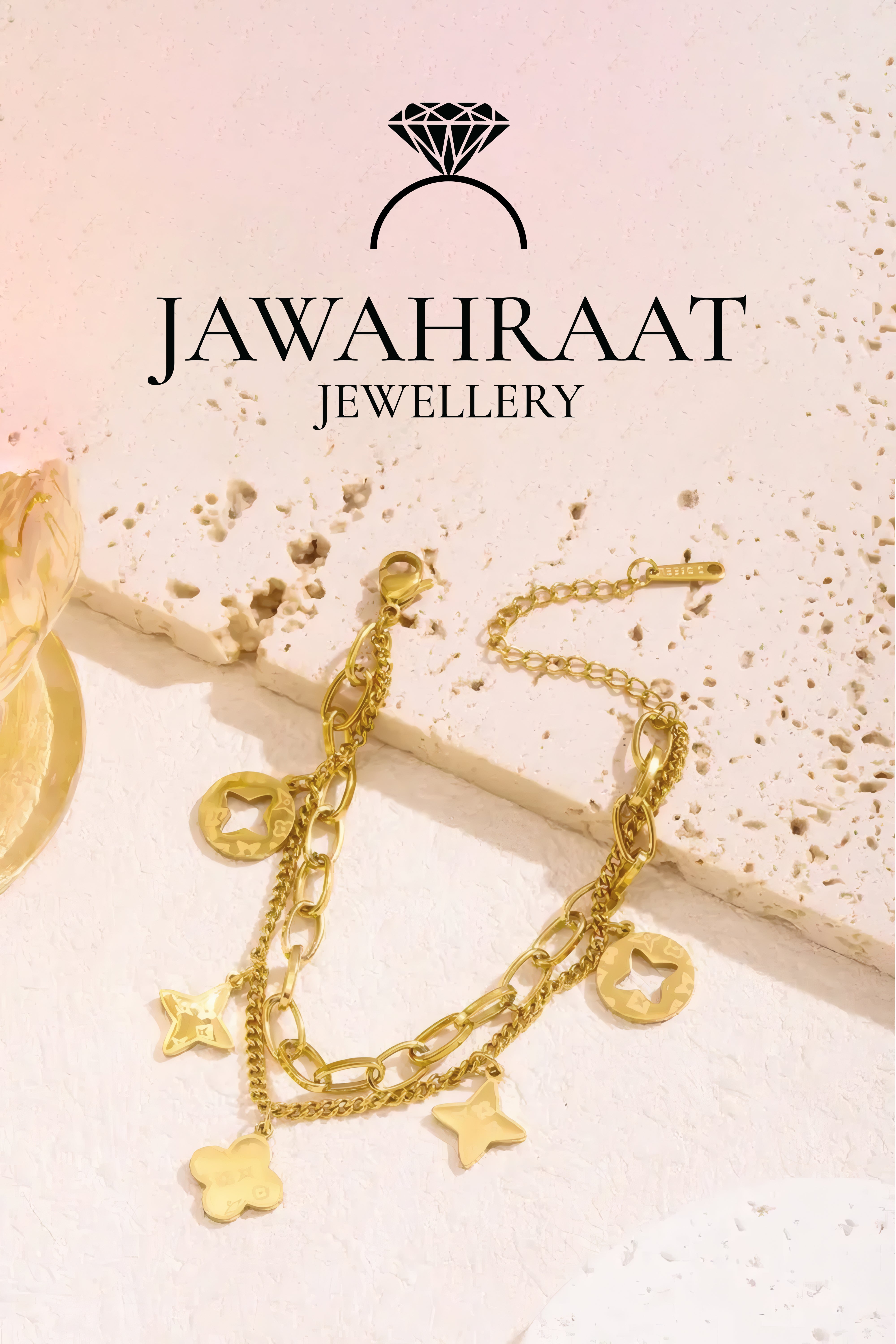 Adjustable gold-tone layered bracelet with butterfly and flower charms displayed on white background