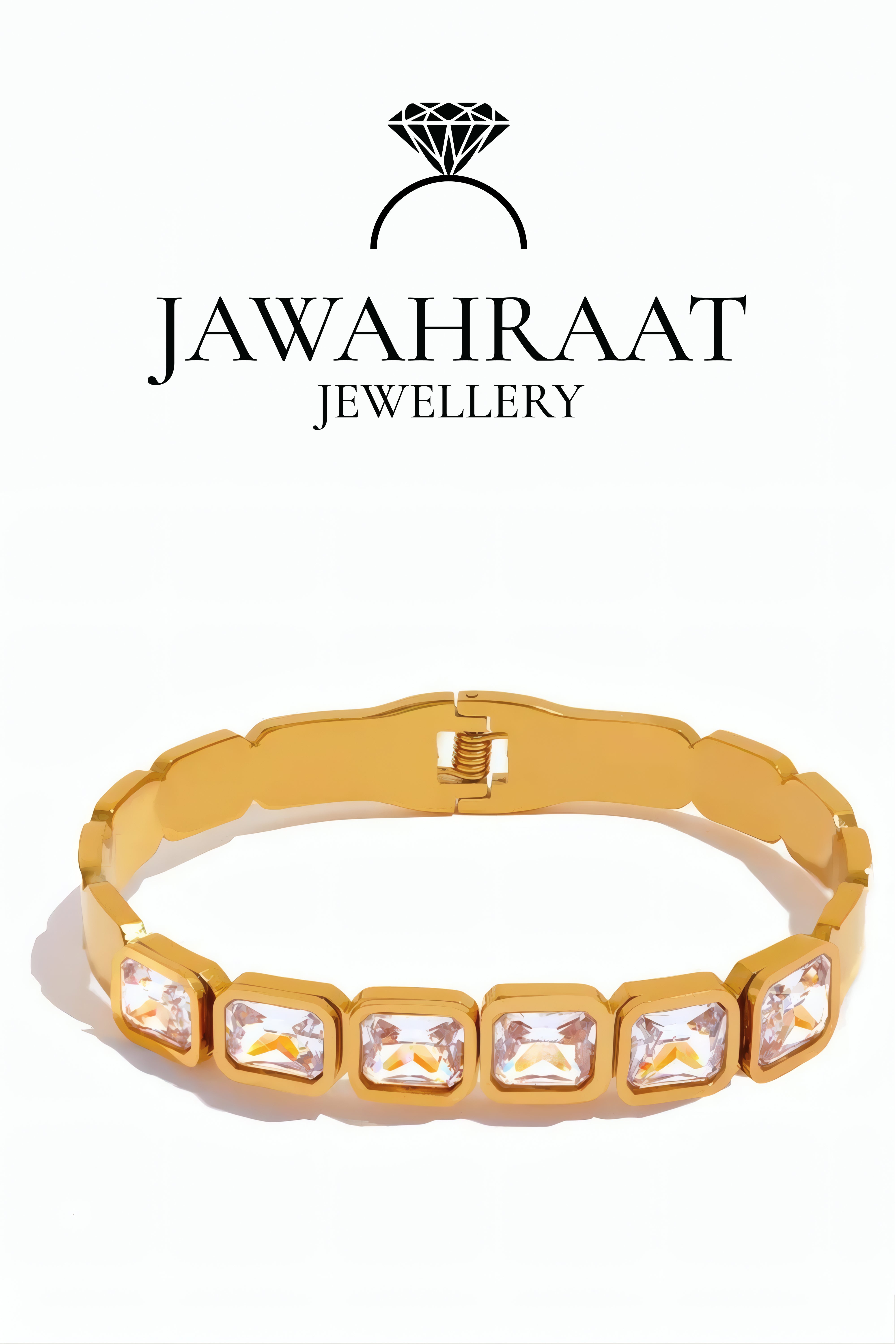 Gold CZ stone tennis bracelet with rectangular zircon stones - Jawahraat Jewellery
