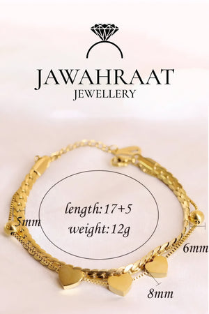 Gold plated heart bracelet with measurements shown: 17+5 cm length, 12g weight, 5mm–8mm heart charms – Jawahraat Jewellery