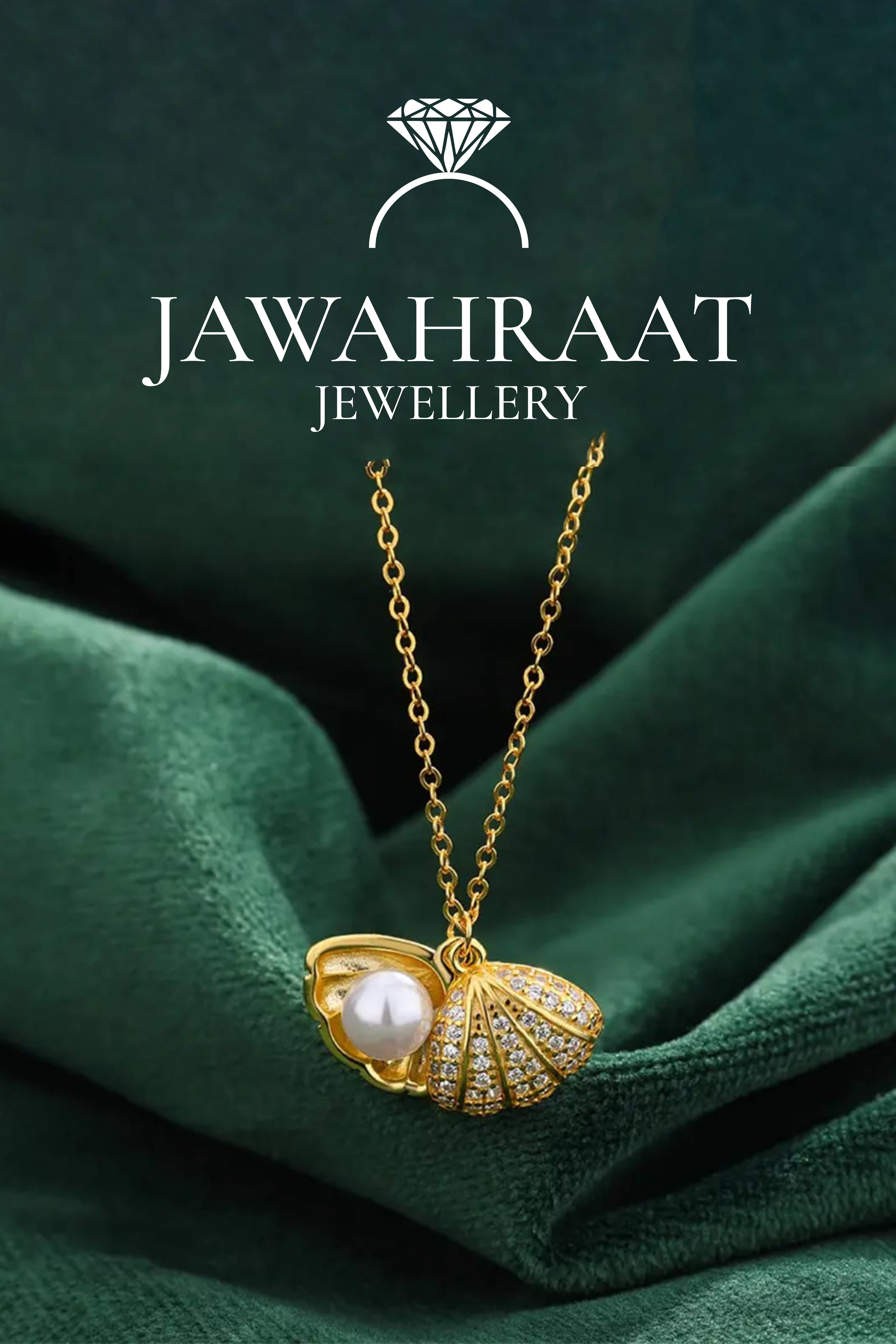 Clear front view of the Golden Seashell Pearl Pendant Necklace featuring an elegant open shell with faux pearl and second textured shell charm.


