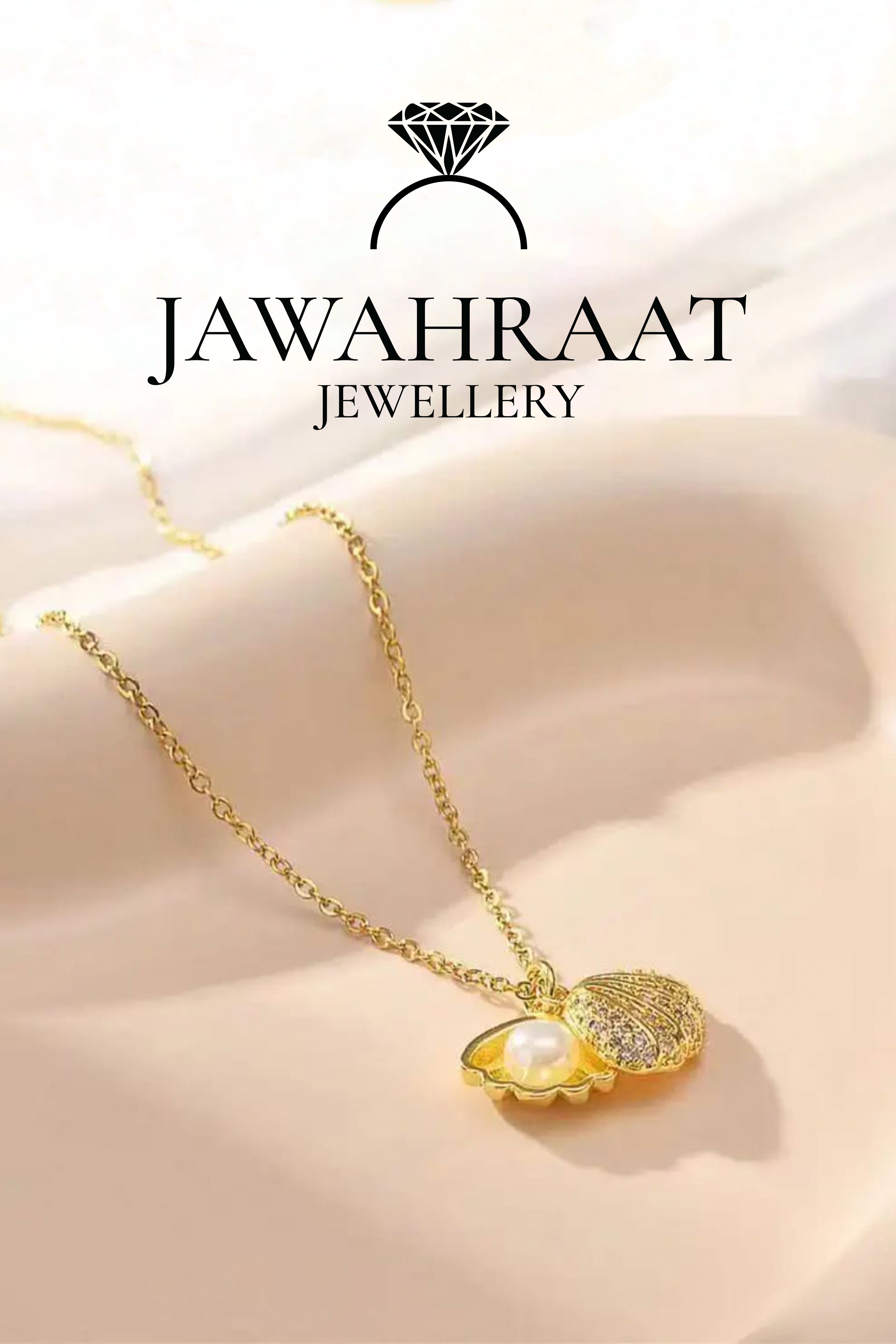 Side view of the Golden Seashell Pearl Pendant Necklace by Jawahraat Jewellery, showing the curved open shell design and centered faux pearl in a gold-tone finish.

