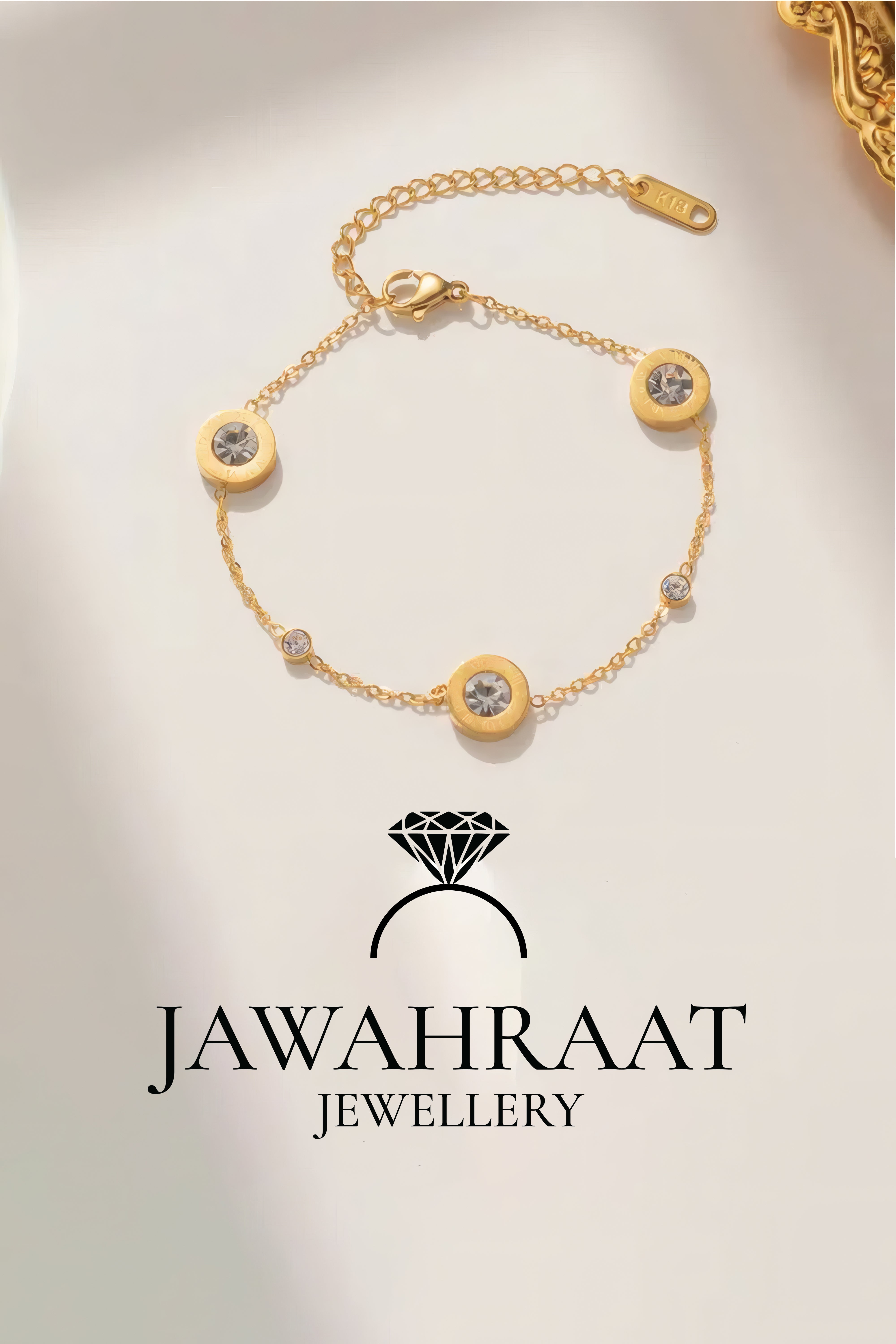 Close-up of gold-tone artificial bracelet with Roman numeral CZ charms