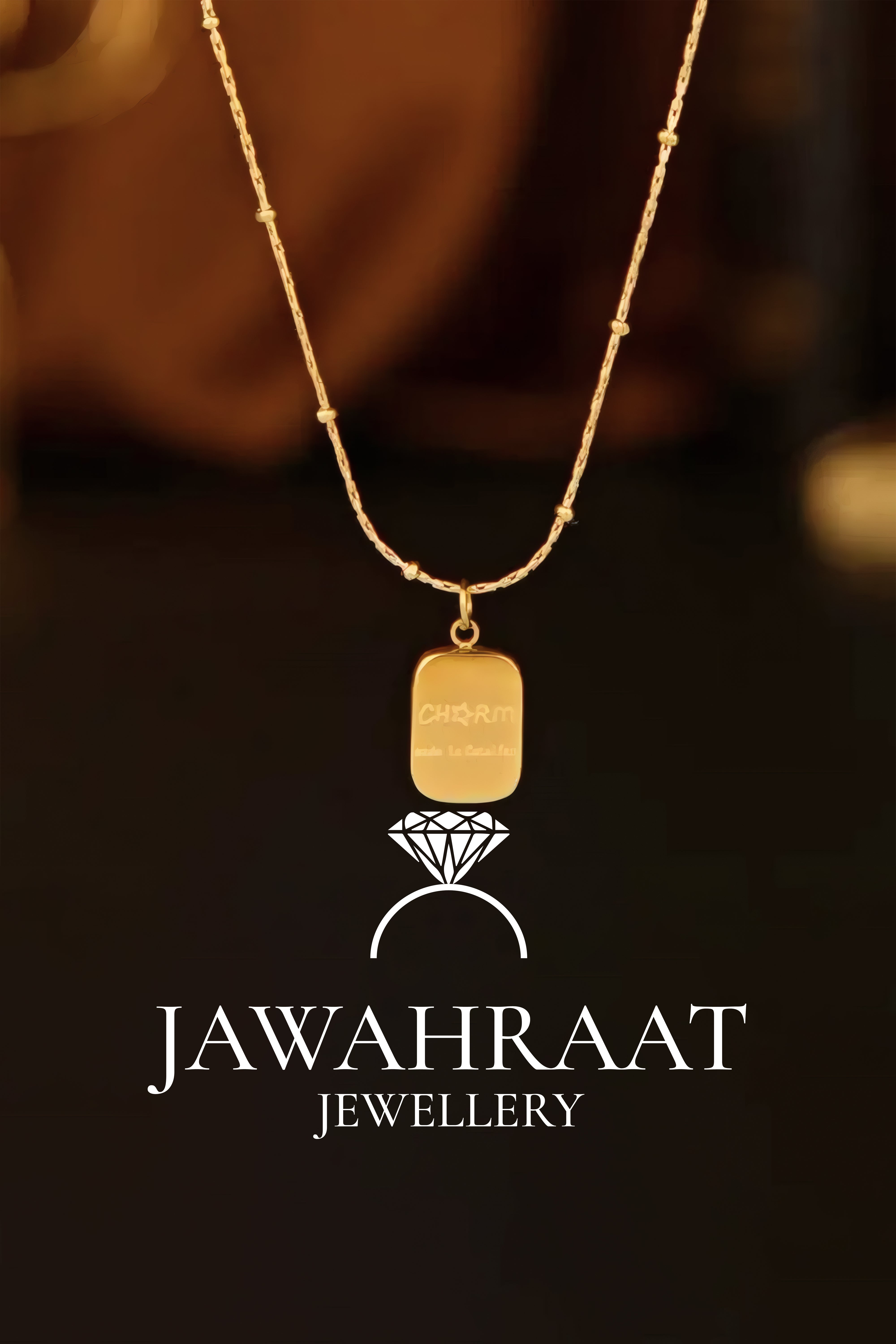 Gold bar pendant necklace with beaded chain on luxurious lace background by Jawahraat Jewellery premium artificial jewelry