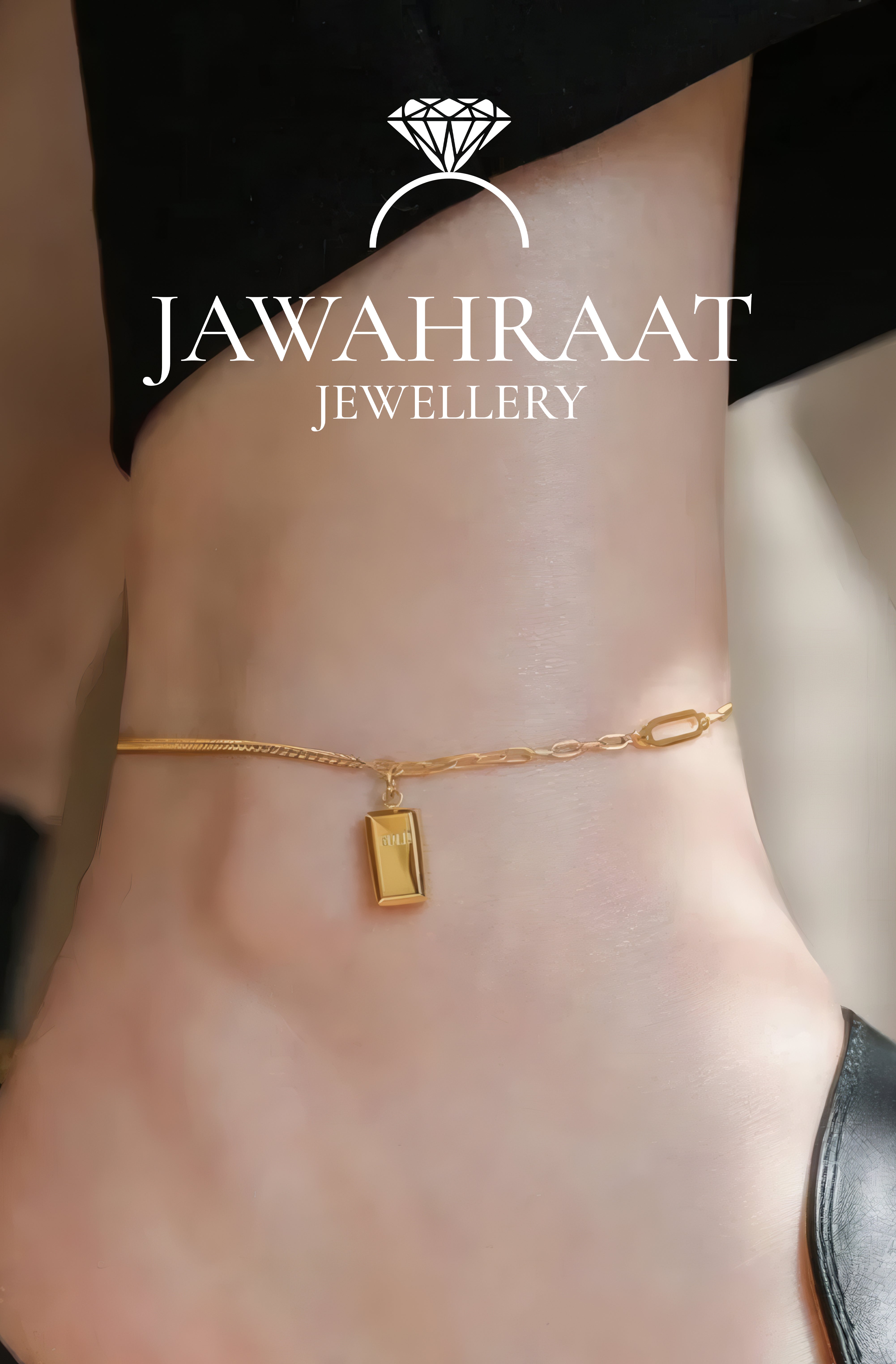 Gold "GOLD" ingot charm chain displayed flat, wearable as bracelet or anklet, artificial jewelry by Jawahraat Jewellery