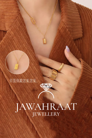 Woman wearing gold CHARM square pendant necklace with beaded chain, trendy artificial gold jewelry by Jawahraat Jewellery
