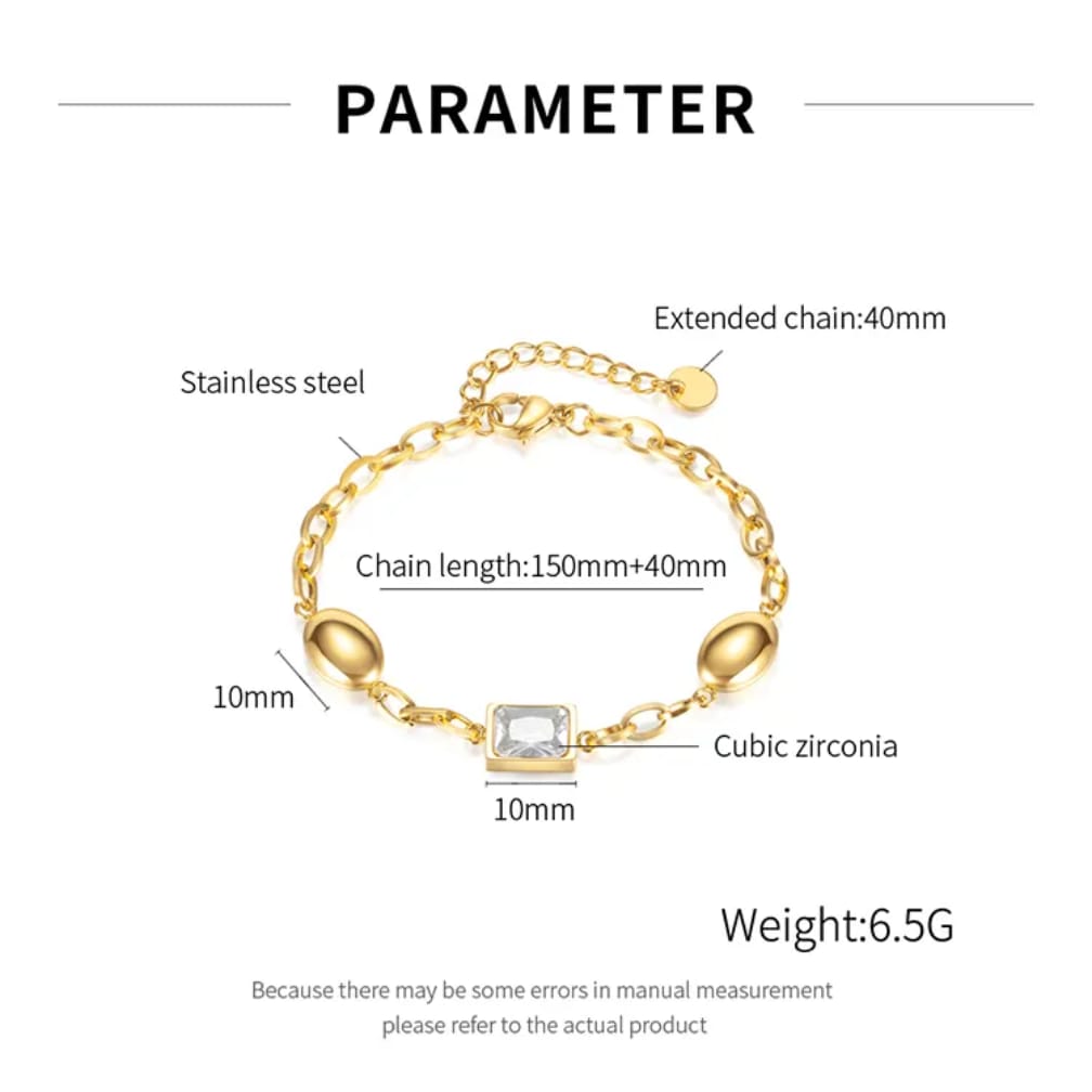 Gold link bracelet size reference showing length and feature details