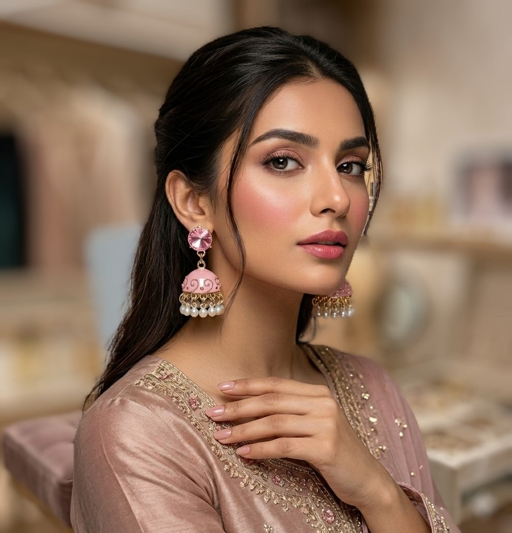 Pink meenakari jhumka earrings with pearl drops on model