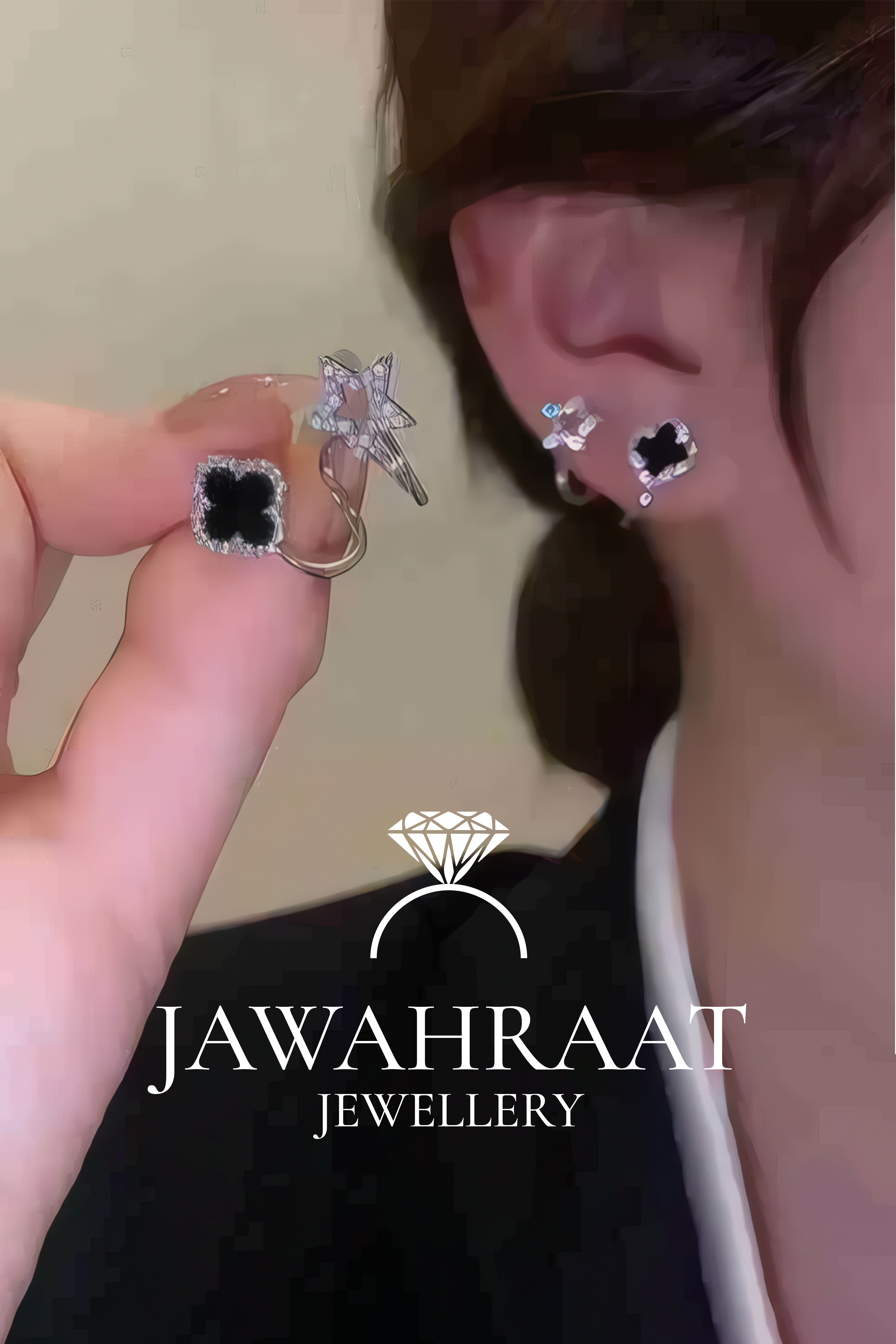 Black clover and silver star stud earrings worn on ear with sparkling CZ diamonds by Jawahraat Jewellery premium artificial jewellery