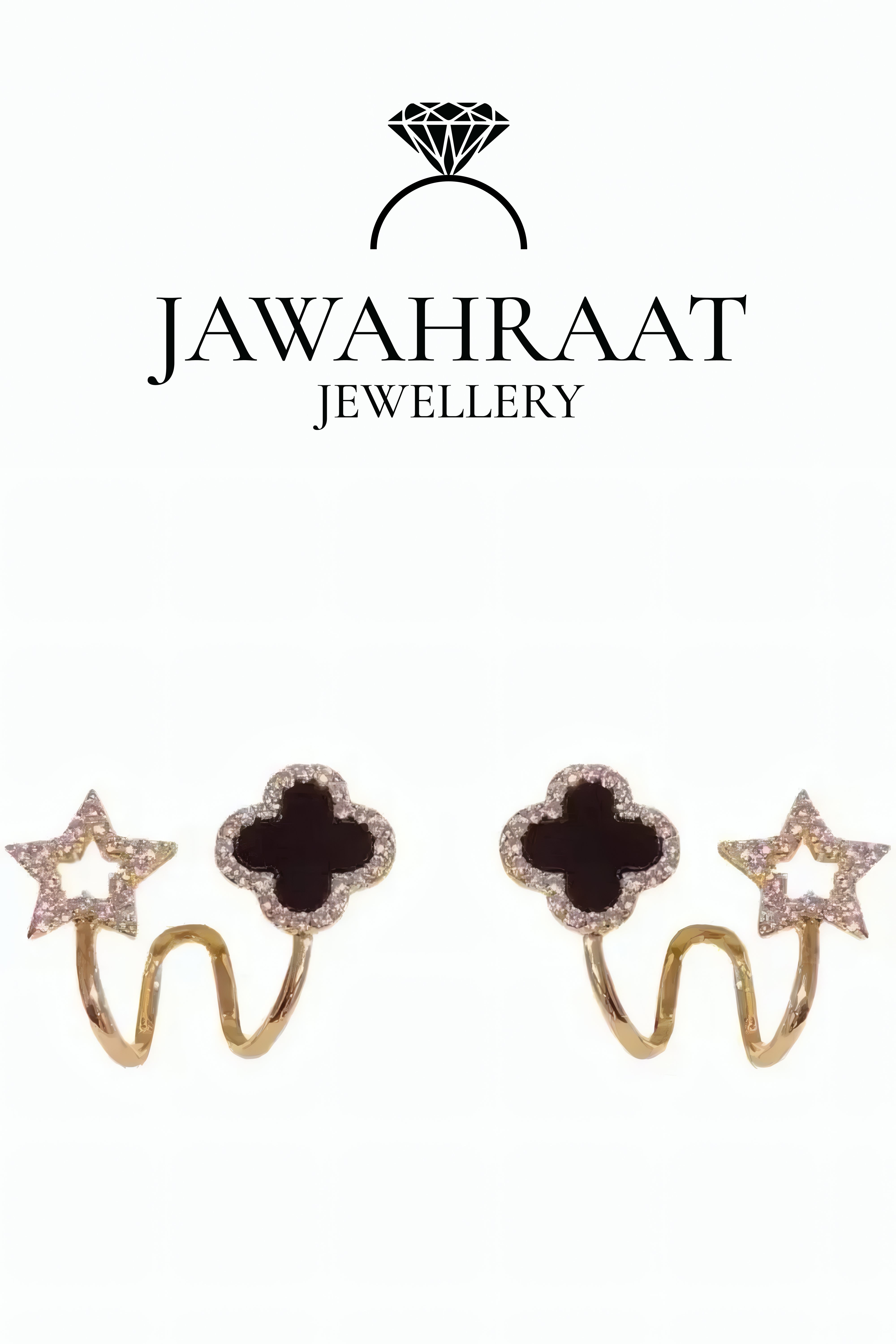 Reversible clover stud earrings set with black onyx and silver star CZ halo from Jawahraat Jewellery artificial jewellery collection