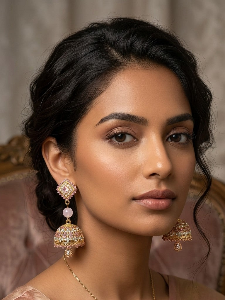Rose pink stone jhumka earrings worn by model with traditional ethnic outfit