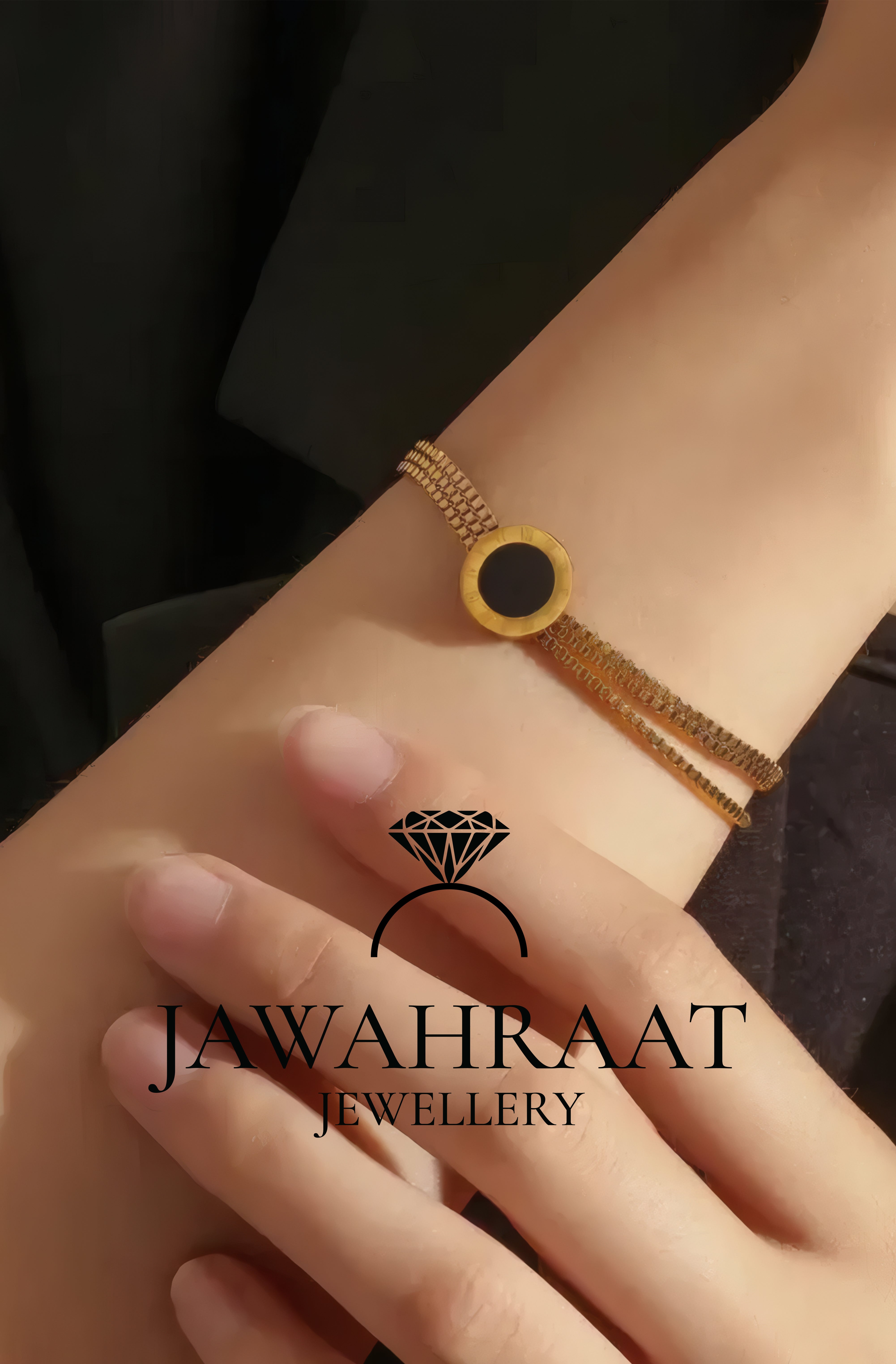 Elegant woman wearing gold-tone multi-chain bracelet with black onyx circle charm on wrist